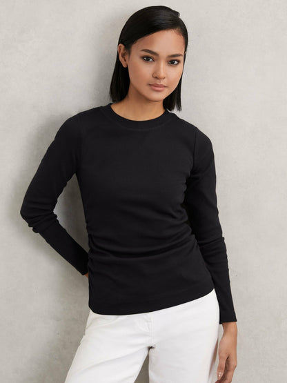 Cotton Long-Sleeve Ruched T-Shirt with Stretch in Black Women | Reiss