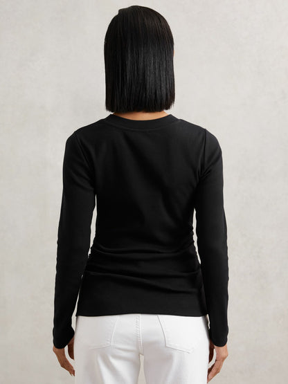 Cotton Long-Sleeve Ruched T-Shirt with Stretch in Black Women | Reiss