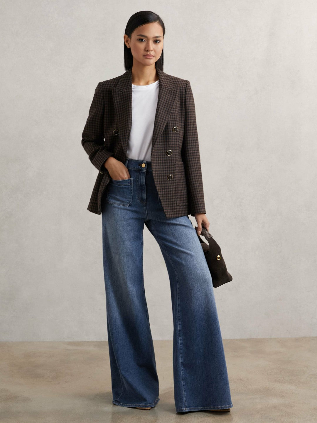 Petite Patch Pocket Wide Leg Jeans in Mid Blue Women | Reiss