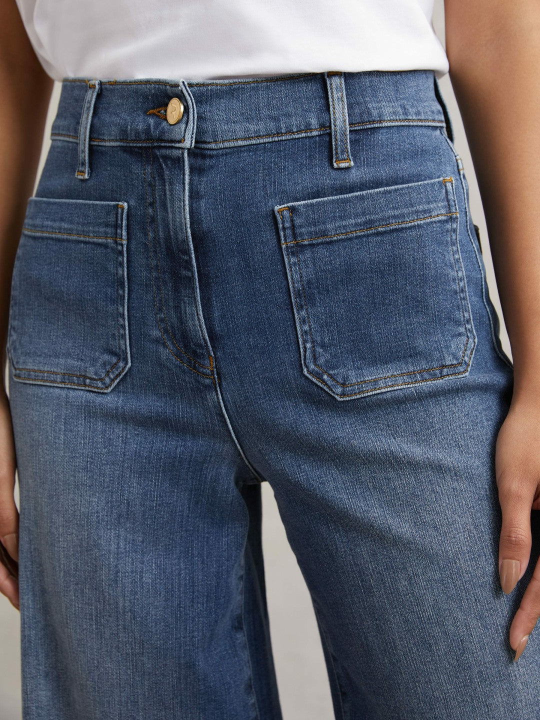 Petite Patch Pocket Wide Leg Jeans in Mid Blue Women | Reiss