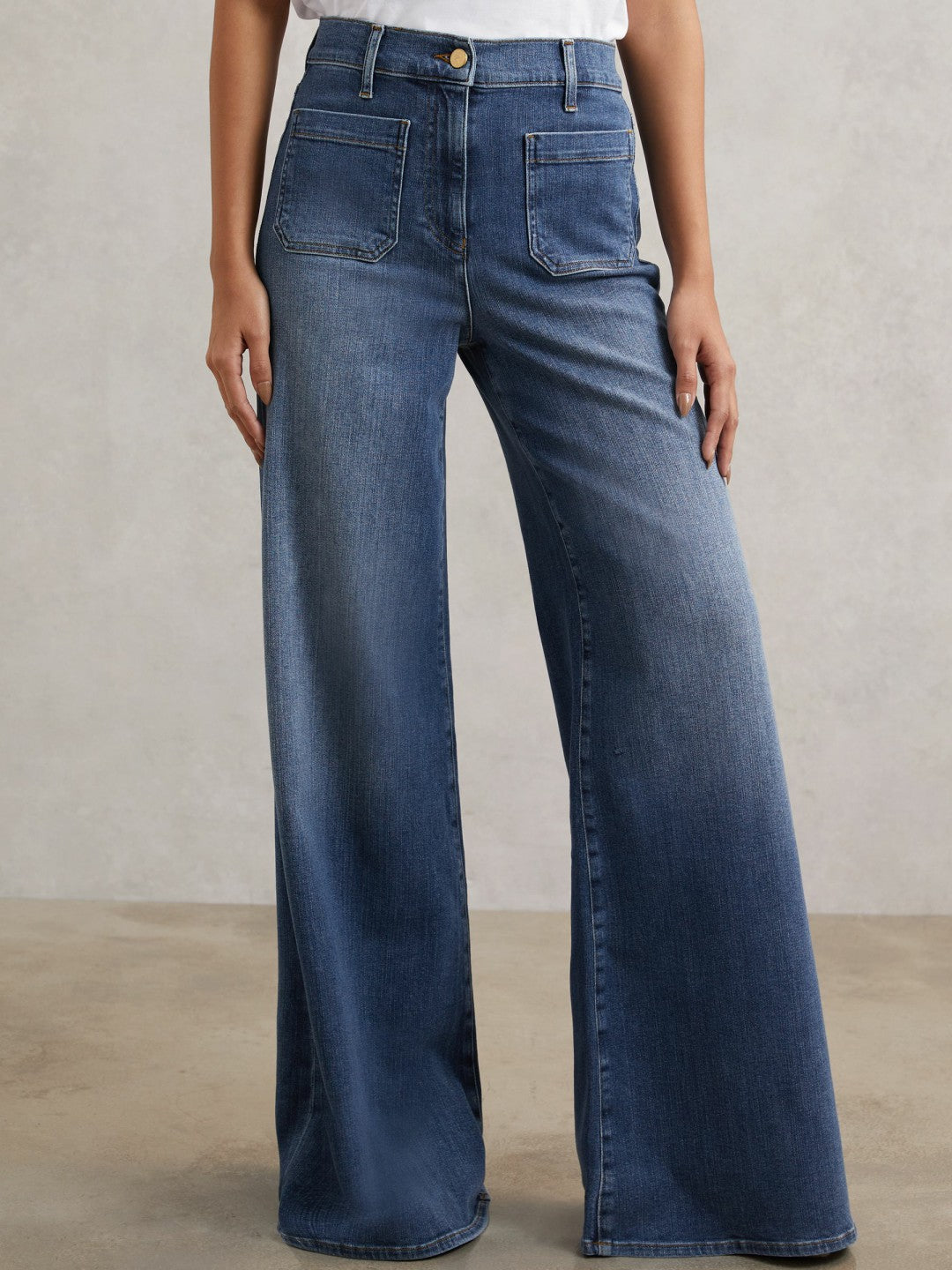 Petite Patch Pocket Wide Leg Jeans in Mid Blue Women | Reiss