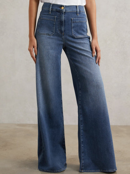 Petite Patch Pocket Wide Leg Jeans in Mid Blue Women | Reiss