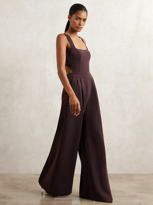 Wide-Leg Cut-Out Jumpsuit in Burgundy Women | Reiss