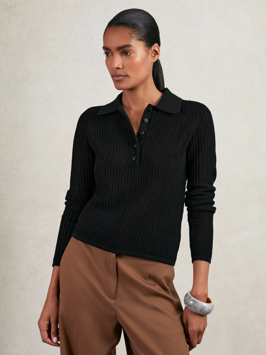 Open-Knit Long-Sleeve Polo Top in Black Women | Reiss