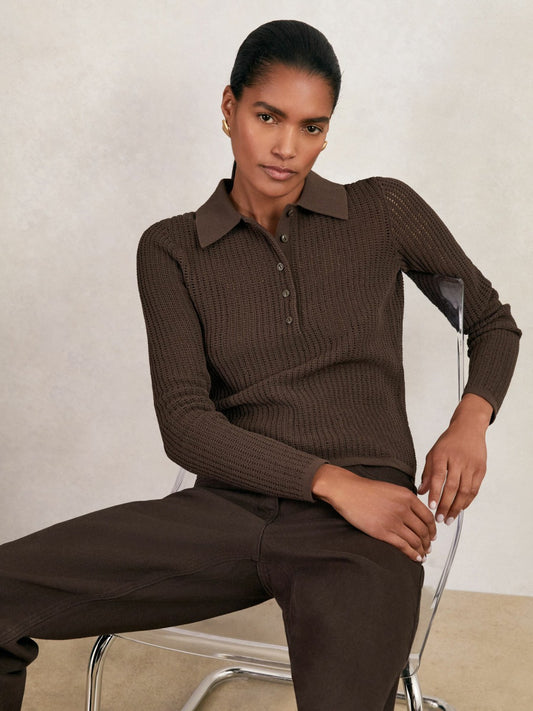 Open-Knit Long-Sleeve Polo Top in Chocolate Brown Women | Reiss