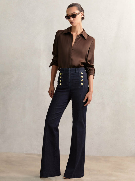 Petite Button-Detail High-Rise Flared Jeans in Dark Blue Women | Reiss